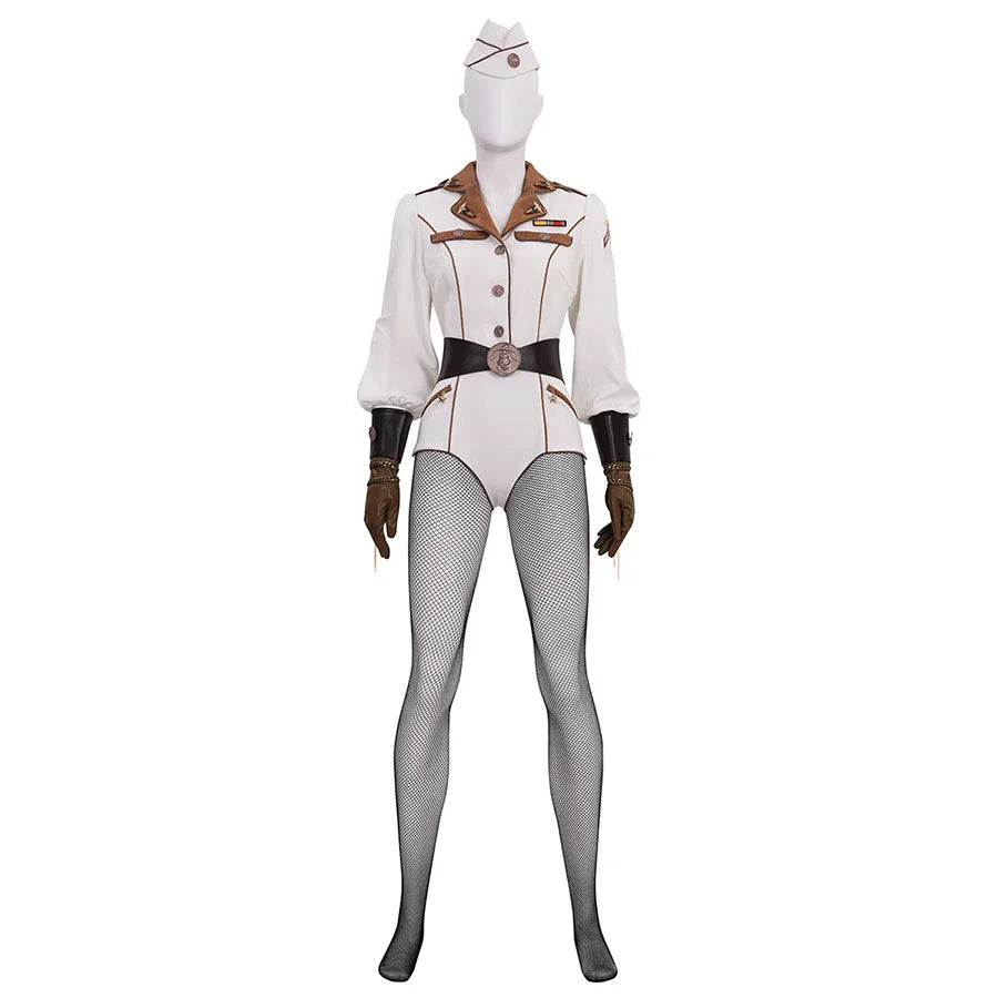 The Boys Vought Rising Private Angel Cosplay Costume, white jumpsuit with black and black decoration, front view.