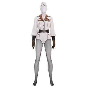 The Boys Vought Rising Private Angel Cosplay Costume, white jumpsuit with black and black decoration, front view.