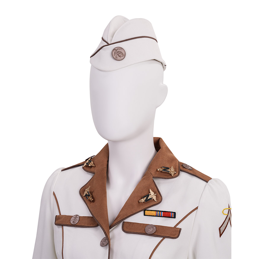 The Boys Vought Rising Private Angel Cosplay Costume, the hat has a brown piping strips and a metal badge.