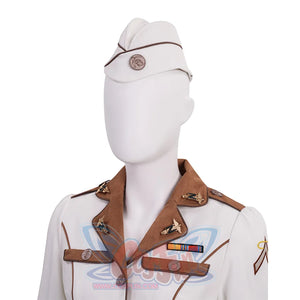 The Boys Vought Rising Private Angel Cosplay Costume, the hat has a brown piping strips and a metal badge.