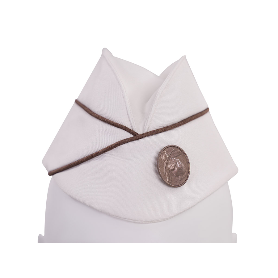 The Boys Vought Rising Private Angel Cosplay Costume, the hat has a brown piping strips and metal badge.