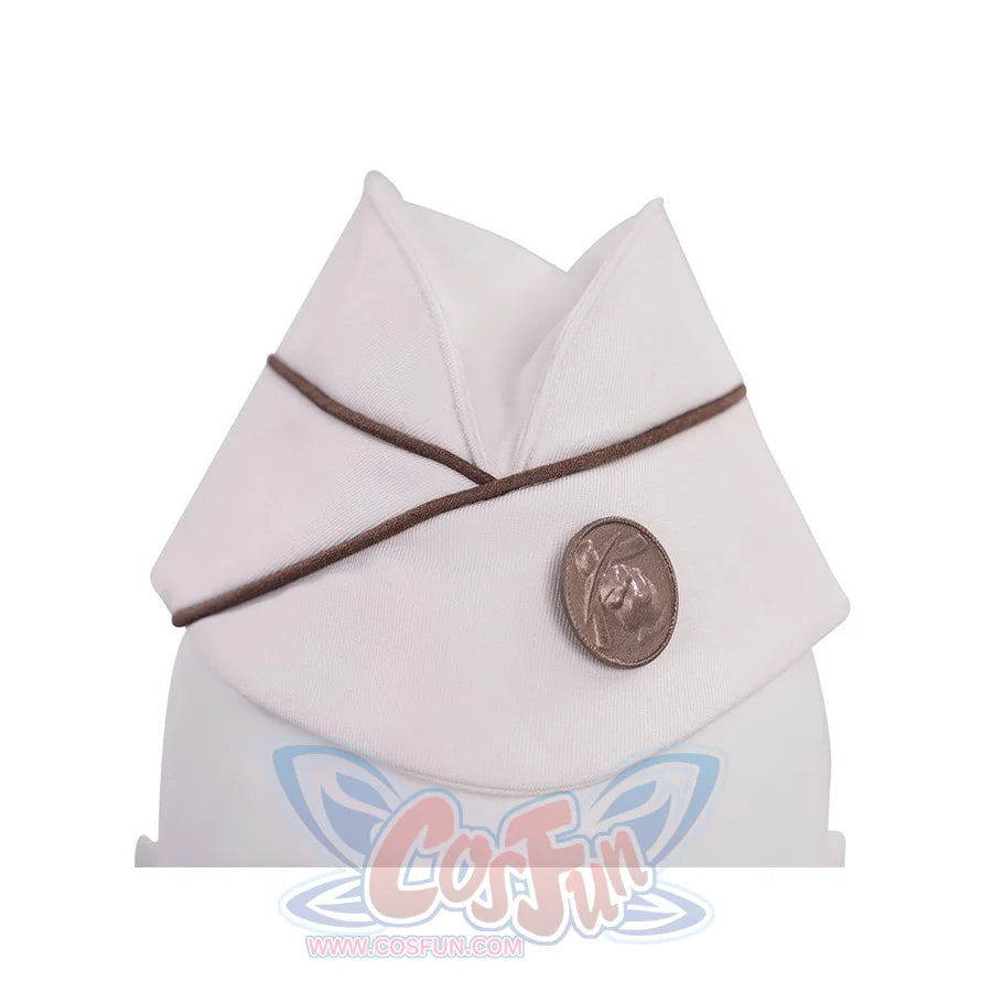 The Boys Vought Rising Private Angel Cosplay Costume, the hat has a brown piping strips and metal badge.