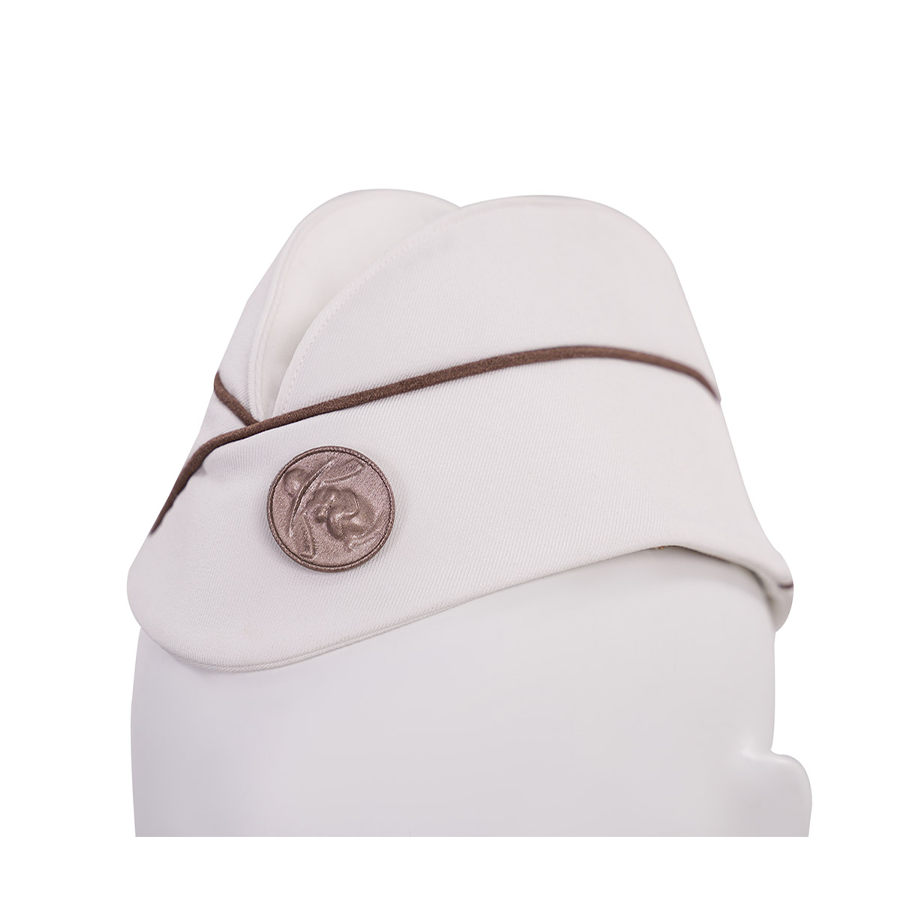 The Boys Vought Rising Private Angel Cosplay Costume, the hat has a brown piping strips and metal badge, side view.