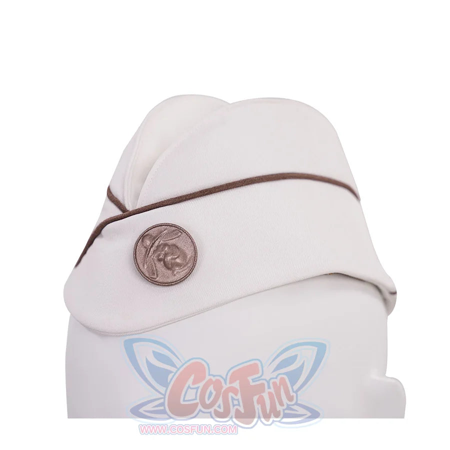 The Boys Vought Rising Private Angel Cosplay Costume, the hat has a brown piping strips and metal badge, side view.