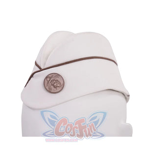 The Boys Vought Rising Private Angel Cosplay Costume, the hat has a brown piping strips and metal badge, side view.