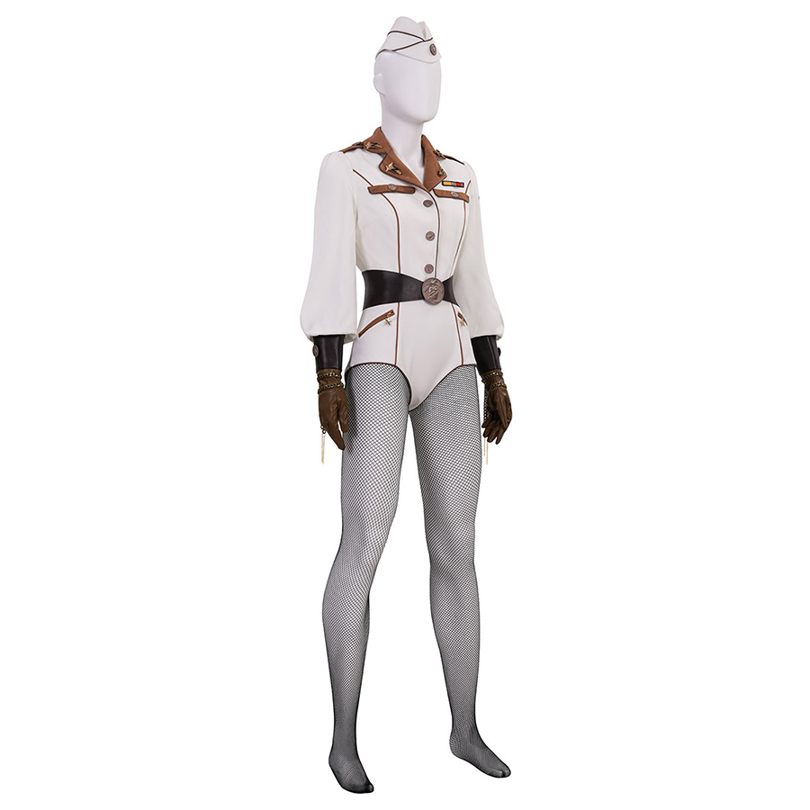 The Boys Vought Rising Private Angel Cosplay Costume, white jumpsuit with black fishnet stockings.