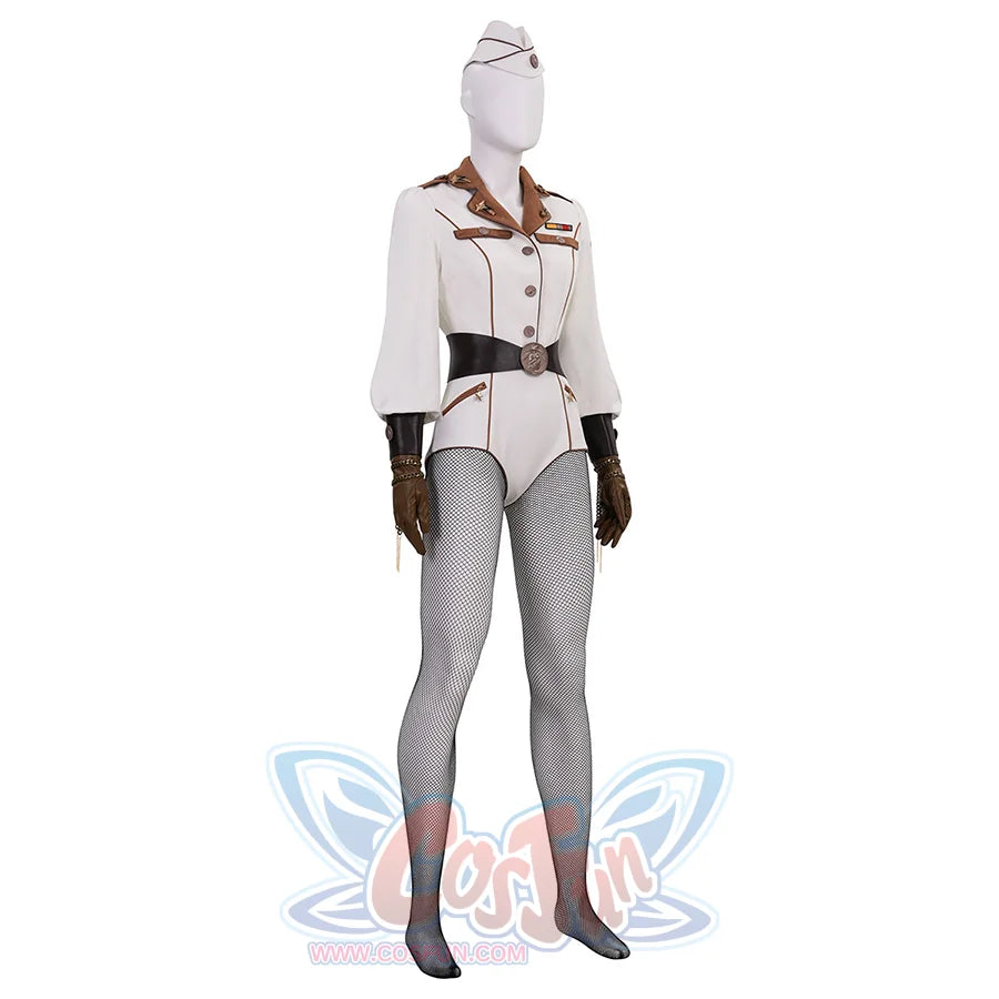 The Boys Vought Rising Private Angel Cosplay Costume, white jumpsuit with black fishnet stockings.