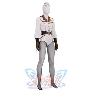 The Boys Vought Rising Private Angel Cosplay Costume, white jumpsuit with black fishnet stockings.