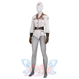 The Boys Vought Rising Private Angel Cosplay Costume, white jumpsuit with black fishnet stockings and brown gloves.