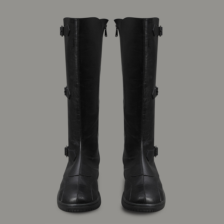 The Fantastic Four cosplay boots in black with buckle details, front view of superhero footwear