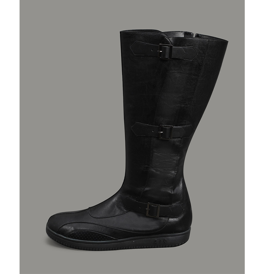 The Fantastic Four cosplay boots in black with buckle details, front view of superhero footwear