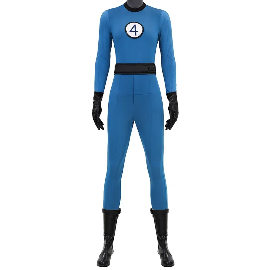 The Fantastic Four: First Steps Invisible Woman Susan Storm Cosplay Costume  with blue color, One-piece design, black collar, black belt, black PU gloves. navy “4” on a white background on the chest.