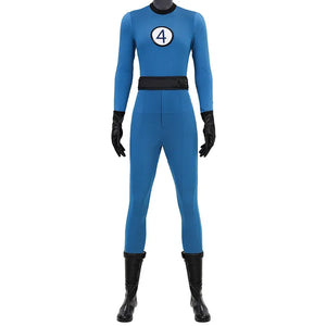 The Fantastic Four: First Steps Invisible Woman Susan Storm Cosplay Costume  with blue color, One-piece design, black collar, black belt, black PU gloves. navy “4” on a white background on the chest.