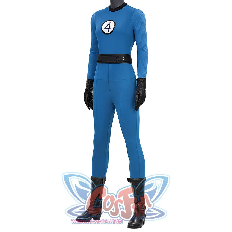 The Fantastic Four: First Steps Invisible Woman Susan Storm Cosplay Costume  with blue color, One-piece design, black collar, black belt, black PU gloves. navy “4” on a white background on the chest.