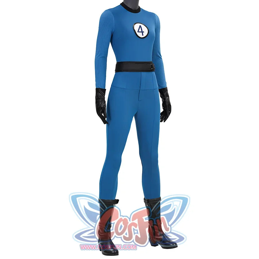 The Fantastic Four: First Steps Invisible Woman Susan Storm Cosplay Costume&#39;s right view. the overall dress is blue. black collar, black belt, black PU gloves. navy “4” on a white background on the chest.