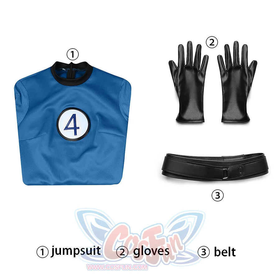 The Fantastic Four: First Steps Invisible Woman Susan Storm Cosplay set, blue jumpsuit with navy “4” on black border with white background on the chest., a pair of PU gloves, a belt.