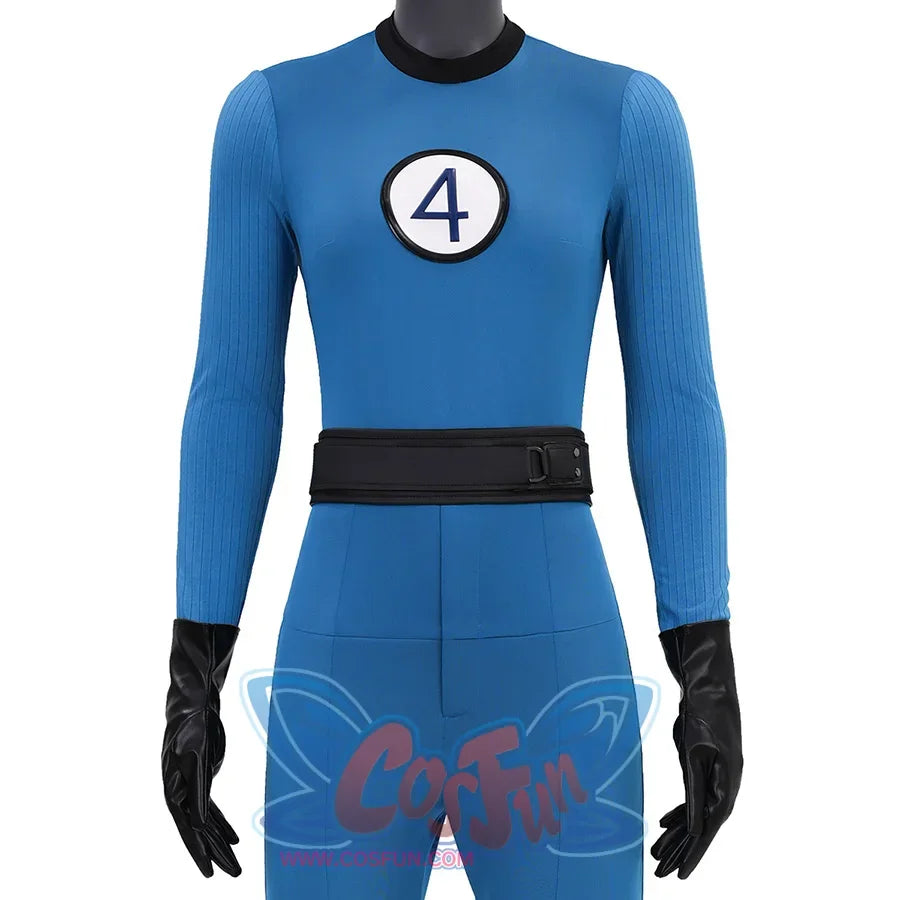 The Fantastic Four Invisible Woman Susan Storm Cosplay Costume，blue jumpsuit is fits to the body,the sleeves are  knitted striped fabric, navy“4” on a white background on the chest is clear. black belt, black PU gloves.