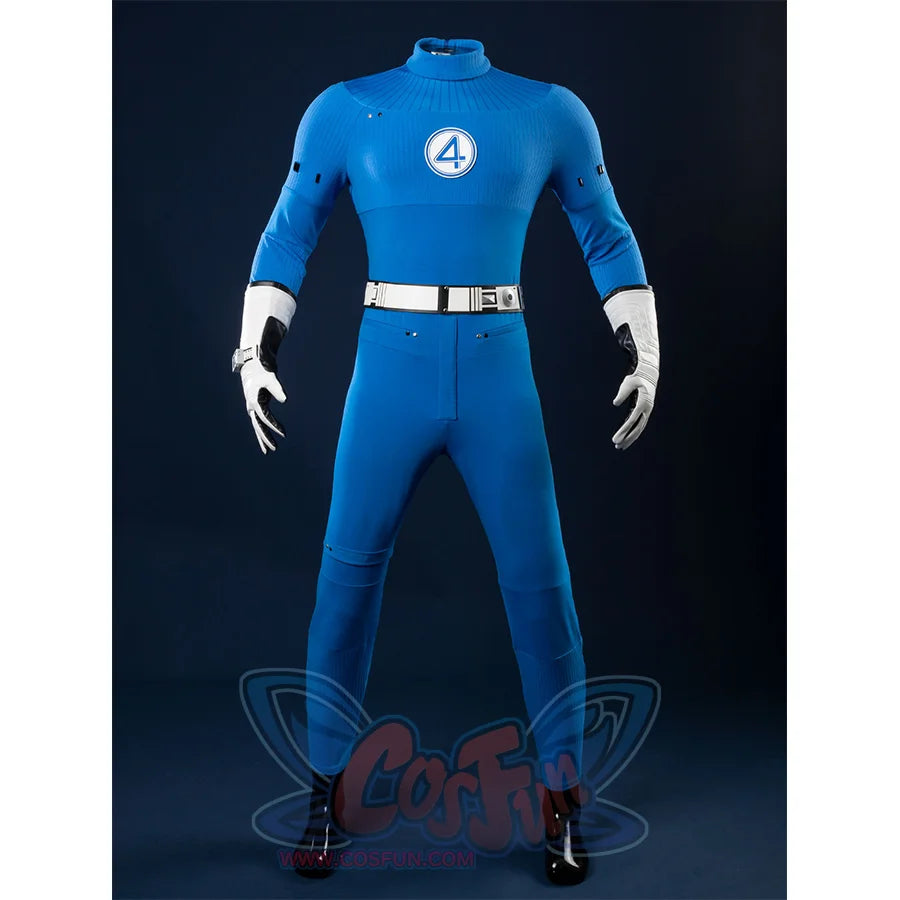 The Fantastic Four: First Steps Mister Fantastic Reed Richards Cosplay Costume, blue jumpsuit, white belt and gloves.