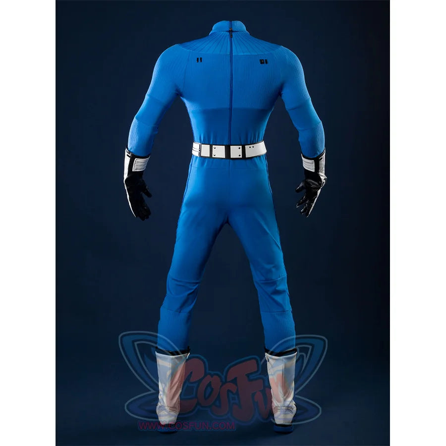 The back view of the Reed Richards cosplay costume, showcasing the design of the blue jumpsuit and the white belt from behind.