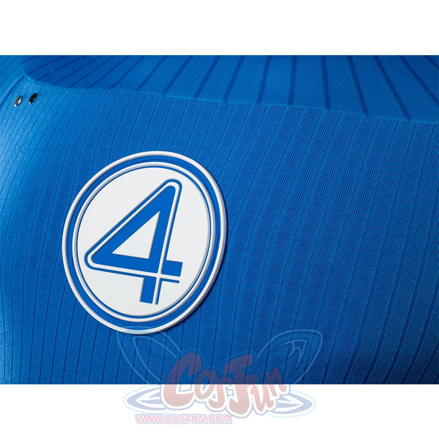 This close-up focuses on the upper body of the Reed Richards cosplay costume, highlighting the "4" emblem and the ribbed texture of the blue jumpsuit.