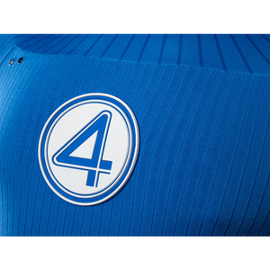 This close-up focuses on the upper body of the Reed Richards cosplay costume, highlighting the "4" emblem and the ribbed texture of the blue jumpsuit.