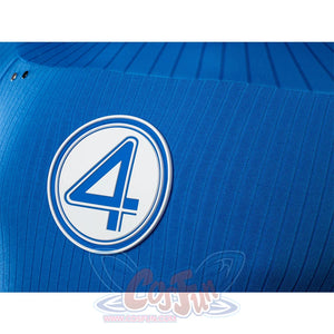 This close-up focuses on the upper body of the Reed Richards cosplay costume, highlighting the "4" emblem and the ribbed texture of the blue jumpsuit.