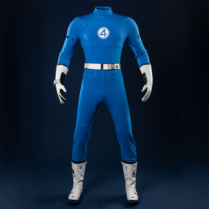 This is the front view of the Reed Richards cosplay costume, showcasing the blue jumpsuit, white belt, and white gloves.
