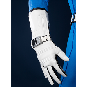 A close-up of the black and white glove of the Reed Richards cosplay costume, showing the texture and design.