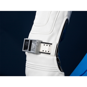 A close-up of the black and white glove of the Reed Richards cosplay costume, showing the texture and design.