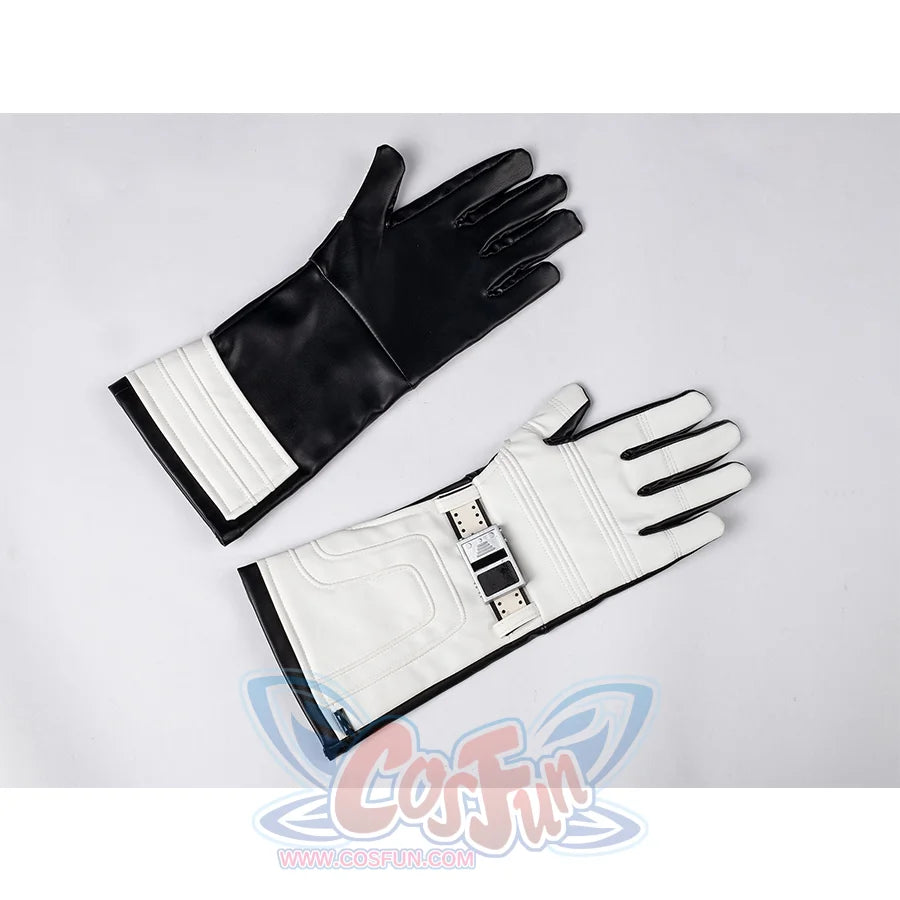 A close-up of the black and white glove of the Reed Richards cosplay costume, showing the texture and design.