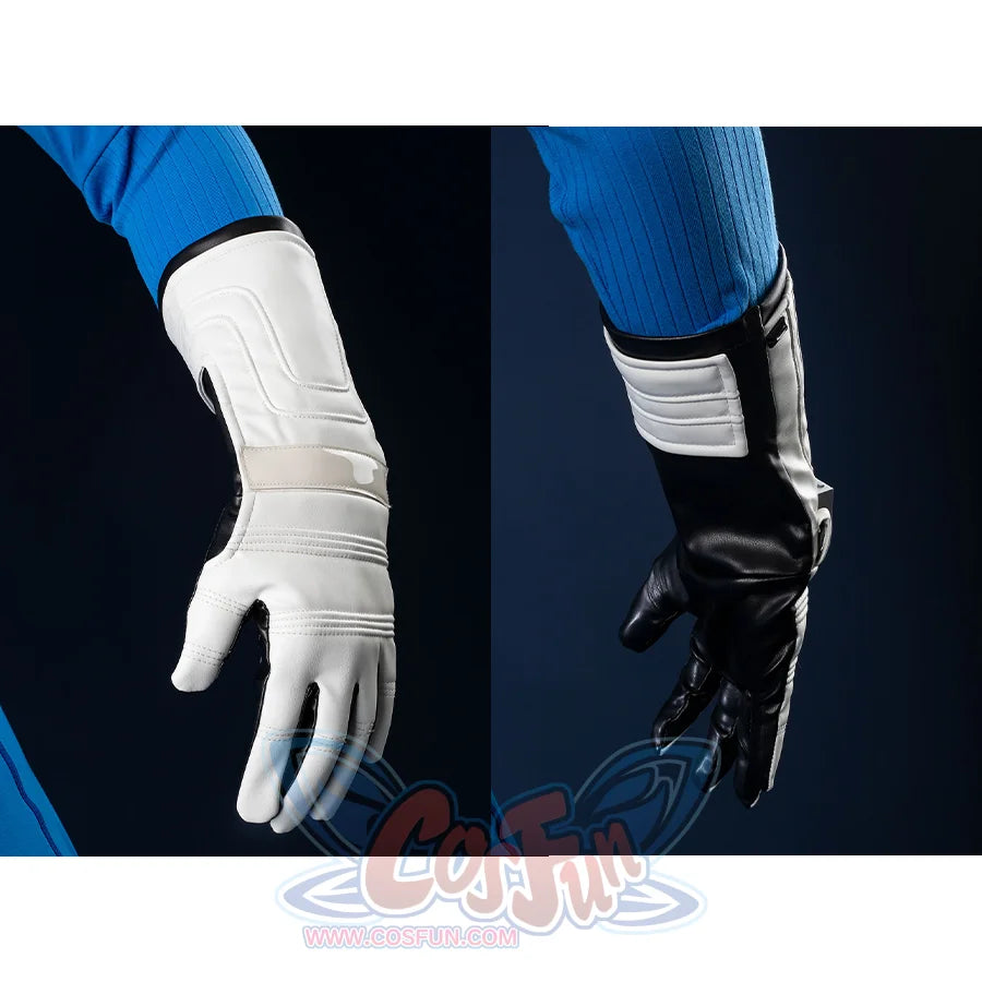 A close-up of the black and white glove of the Reed Richards cosplay costume, showing the texture and design.
