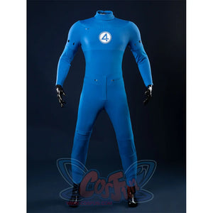 This is the front view of the Reed Richards cosplay costume without boots, showing the blue jumpsuit and the details of the top.
