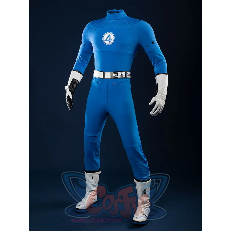 A three-quarter view of the Reed Richards cosplay costume, showing the details of the blue jumpsuit and the white belt.