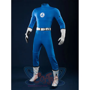 A three-quarter view of the Reed Richards cosplay costume, showing the details of the blue jumpsuit and the white belt.