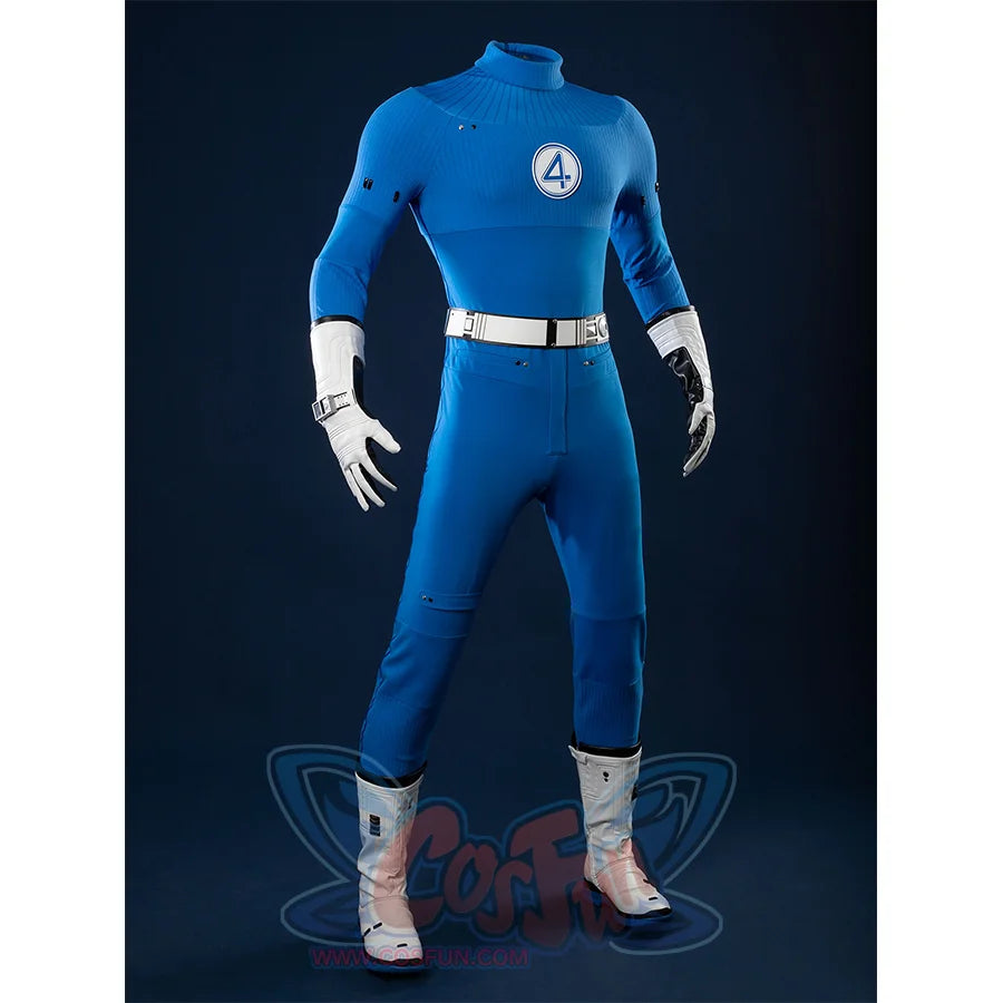 This image shows a slightly turned view of the Reed Richards cosplay costume, highlighting the overall design and the white belt.
