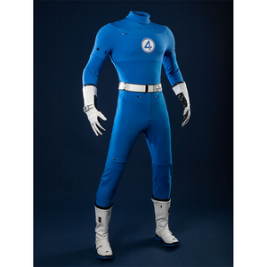 This image shows a slightly turned view of the Reed Richards cosplay costume, highlighting the overall design and the white belt.