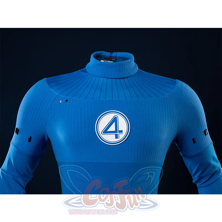 This close-up focuses on the upper body of the Reed Richards cosplay costume, highlighting the "4" emblem and the ribbed texture of the blue jumpsuit.