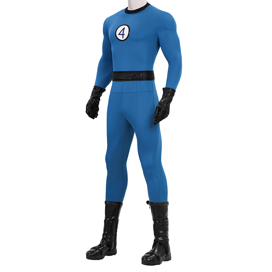 The Fantastic Four :First Steps Mr.Fantastic Human Torch The Thing Cosplay Costume' front view with blue color, One-piece design, black collar, black belt, black PU gloves. navy “4” on a white background on the chest.