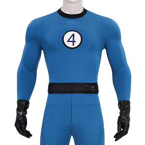The Fantastic Four :First Steps Mr.Fantastic Human Torch The Thing Cosplay Costume' upper body view with blue color, One-piece design, black collar, black belt, black PU gloves. navy “4” on a white background on the chest.