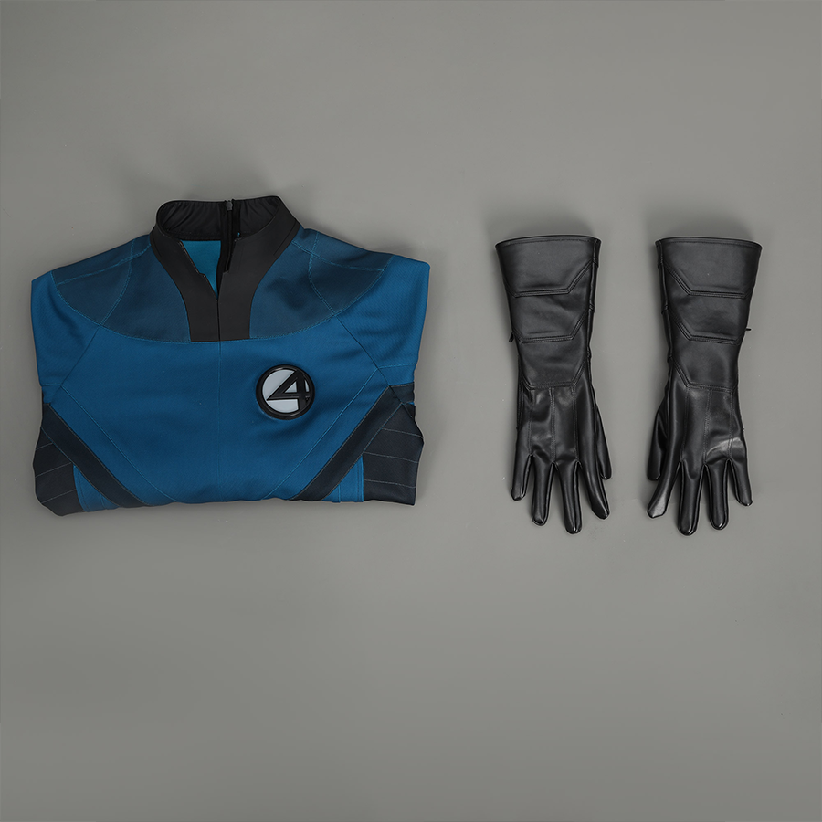 The Fantastic Four cosplay suit complete set with blue suit and black gloves full product display