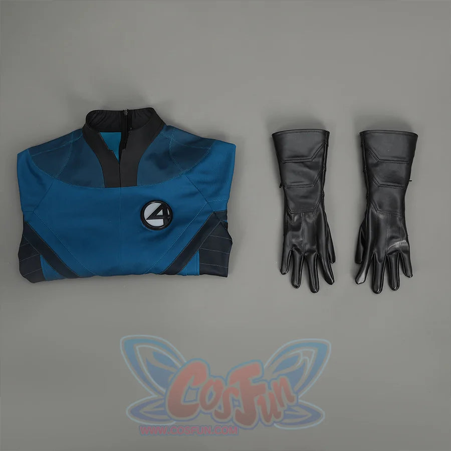 The Fantastic Four cosplay suit complete set with blue suit and black gloves full product display
