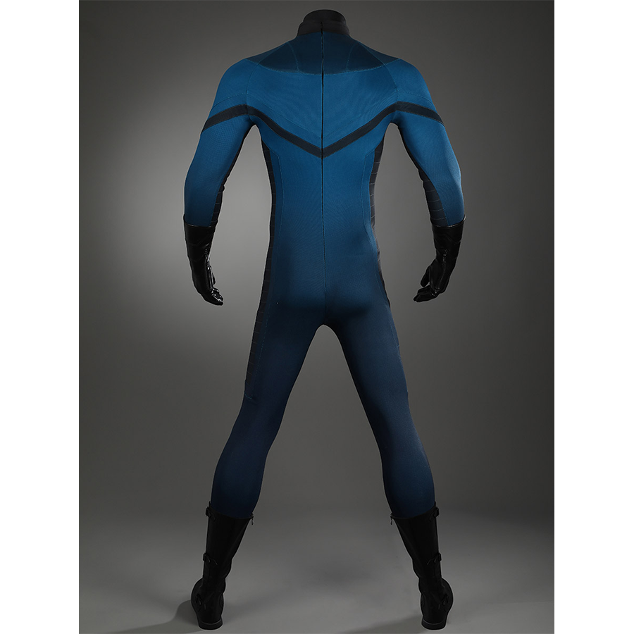 The Fantastic Four cosplay suit back view showcasing blue bodysuit with black details and zipper
