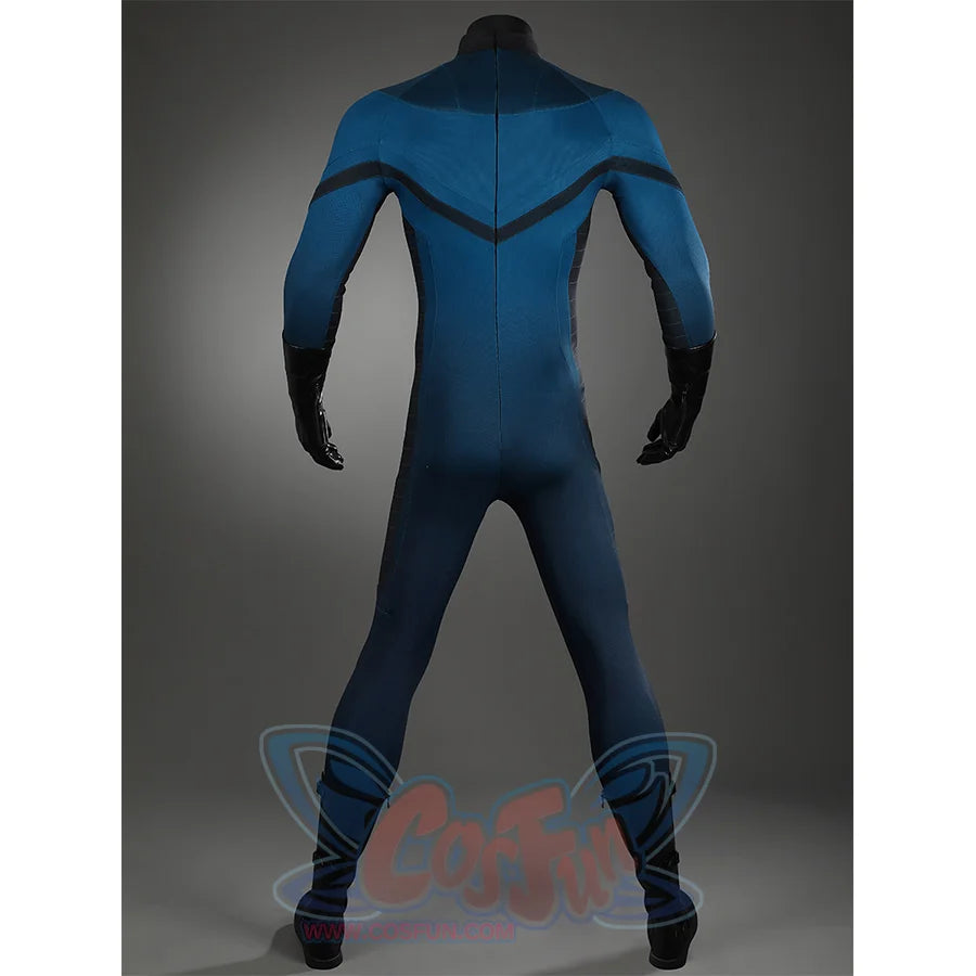 The Fantastic Four cosplay suit back view showcasing blue bodysuit with black details and zipper