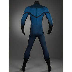 The Fantastic Four cosplay suit back view showcasing blue bodysuit with black details and zipper