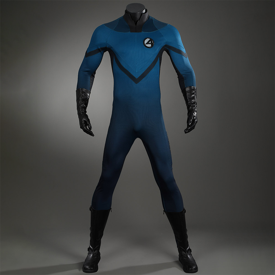 The Fantastic Four cosplay suit front view featuring blue bodysuit and black gloves with emblem