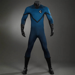 The Fantastic Four cosplay suit front view featuring blue bodysuit and black gloves with emblem