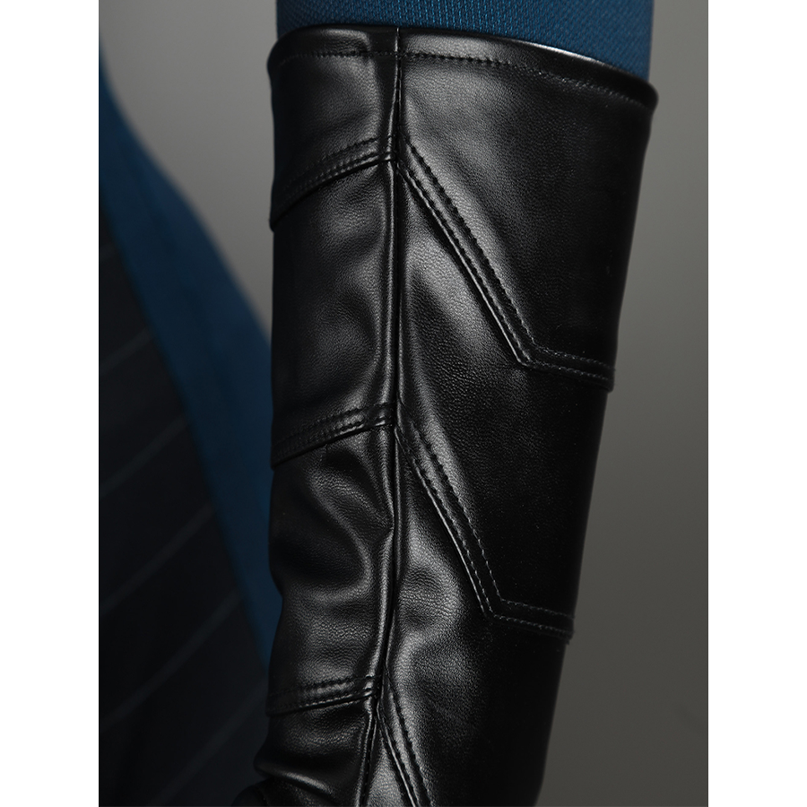 The Fantastic Four cosplay suit gloves pair showing black leather material with blue sleeve detail