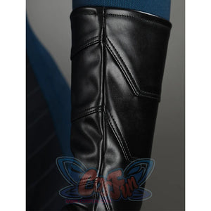 The Fantastic Four cosplay suit gloves pair showing black leather material with blue sleeve detail
