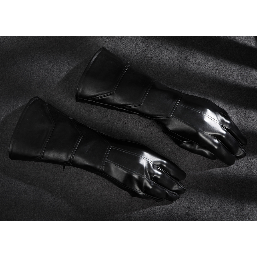 The Fantastic Four cosplay suit gloves pair flat lay showing black leather material and detail