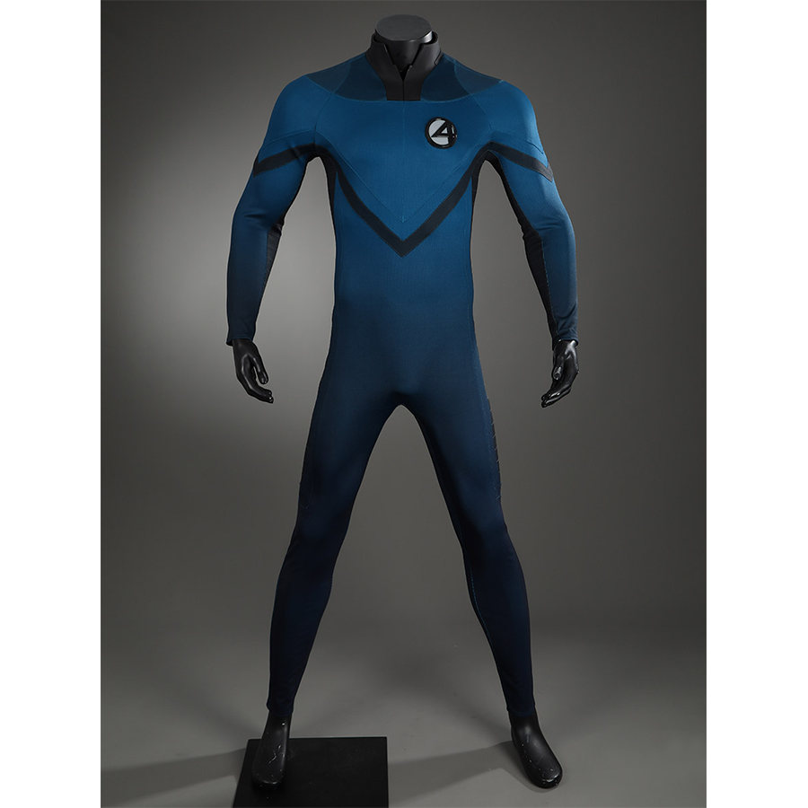 The Fantastic Four cosplay suit full bodysuit with blue fabric and emblem detail on chest